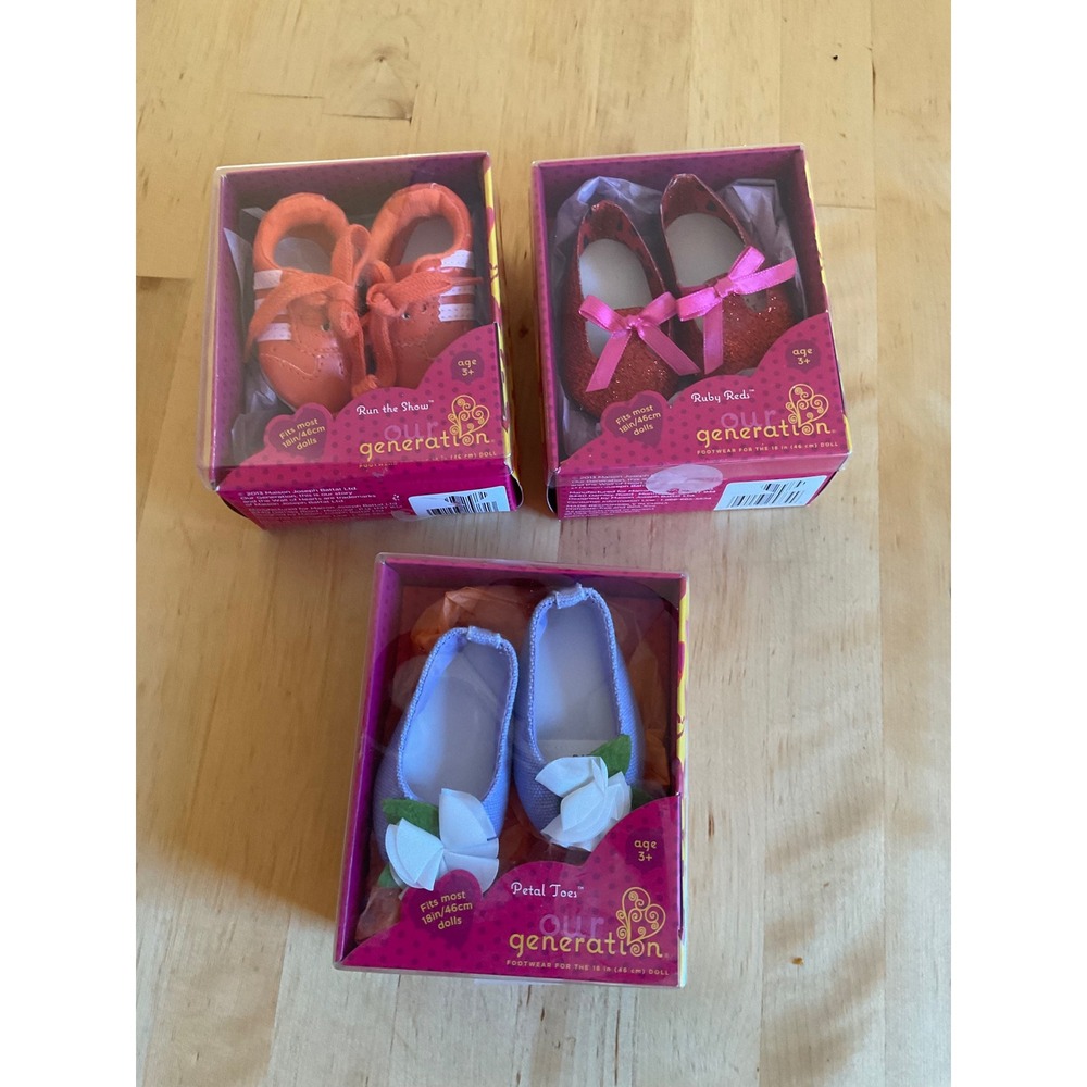 Our Generation 18in Doll Shoe Bundle Run the Show Ruby Reds Petal Toes 3 Pairs